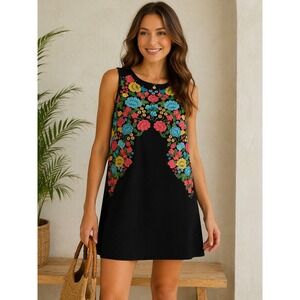 Sfera Embroidered Floral Boho Dress M Black Sleeveless Folk Mini